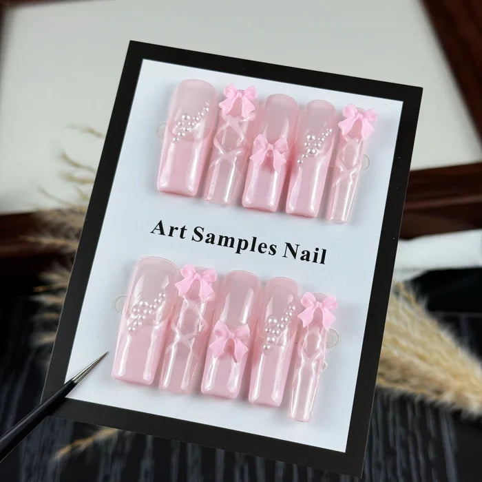10pcs high-end Pink girl style, hand-painted three-dimensional bow, shiny small pearls handmade fake nails