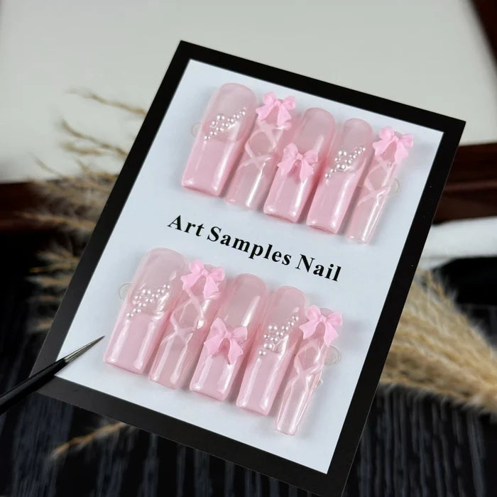 10pcs high-end Pink girl style, hand-painted three-dimensional bow, shiny small pearls handmade fake nails