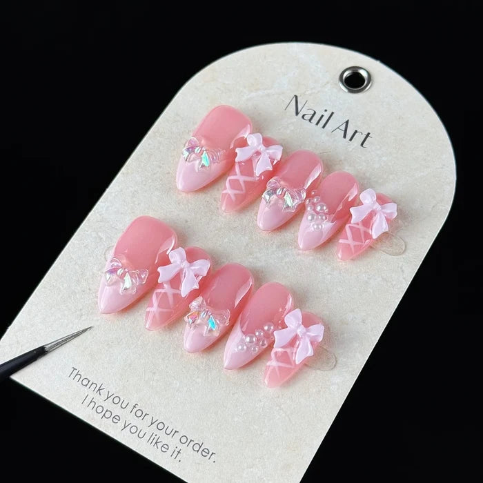 10pcs high-end Sweet girl style, hand-painted three-dimensional bow, shiny small pearls handmade fake nails