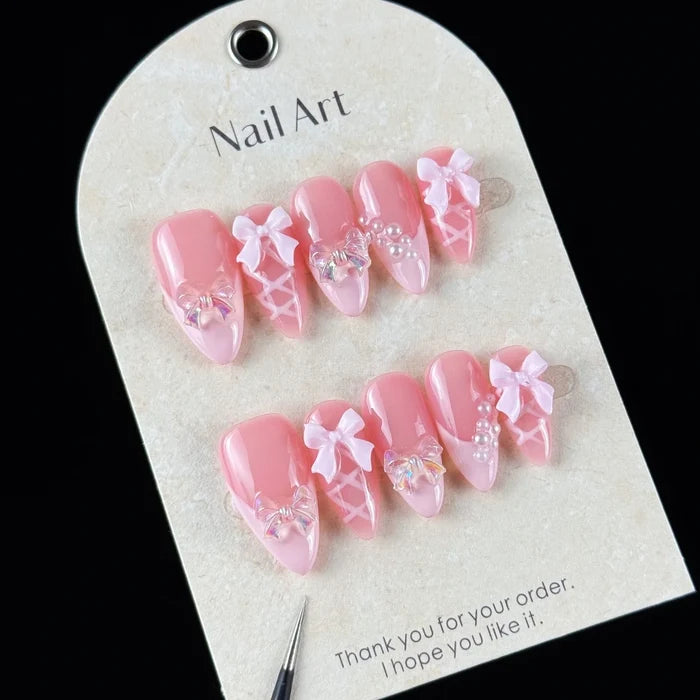 10pcs high-end Sweet girl style, hand-painted three-dimensional bow, shiny small pearls handmade fake nails