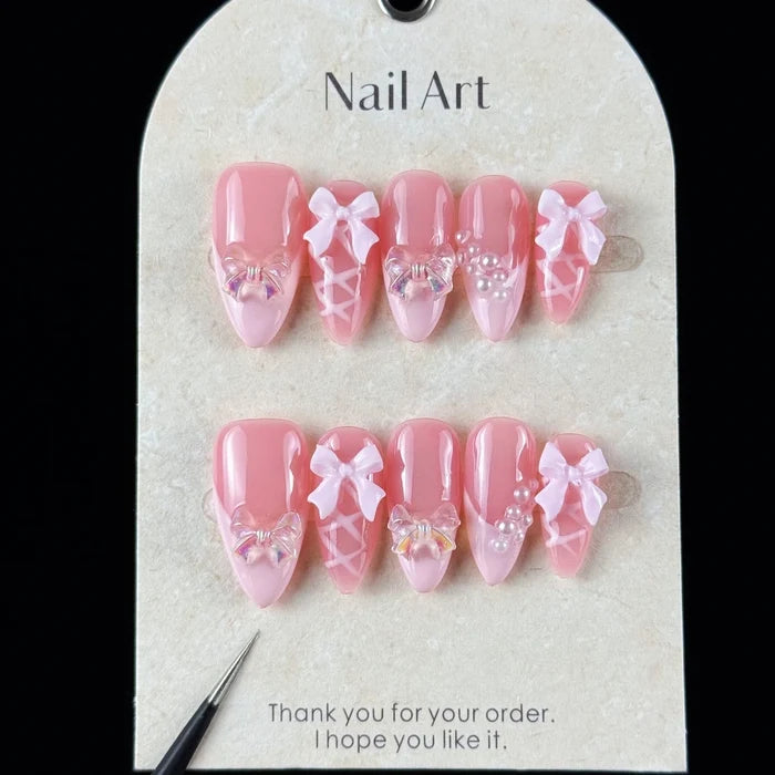 10pcs high-end Sweet girl style, hand-painted three-dimensional bow, shiny small pearls handmade fake nails