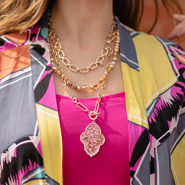 1140 - Layered Chain Glitter Pendant Necklace - Rose Gold