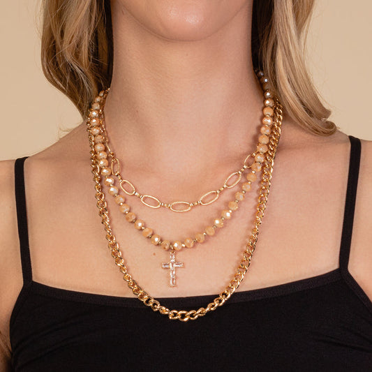 1143 - Layered Cross Necklace - Beige