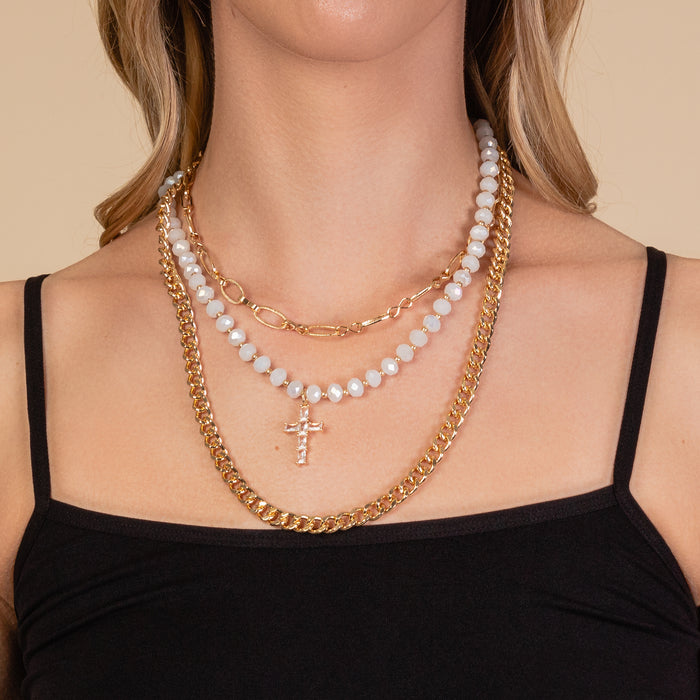 1143 - Layered Cross Necklace - White