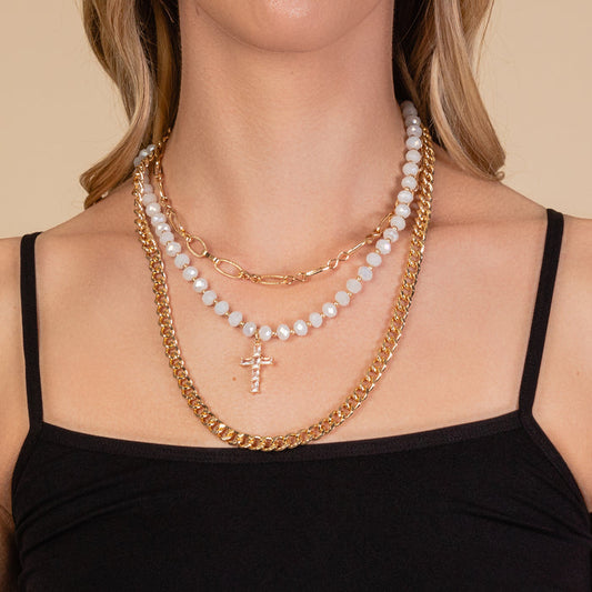 1143 - Layered Cross Necklace - White