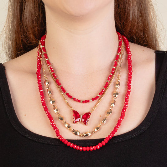 12005 - Layered Crystal Necklace - Red
