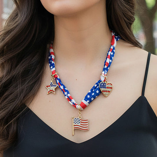 12080 - Fourth of July Charm Scarf Necklace - Red White & Blue