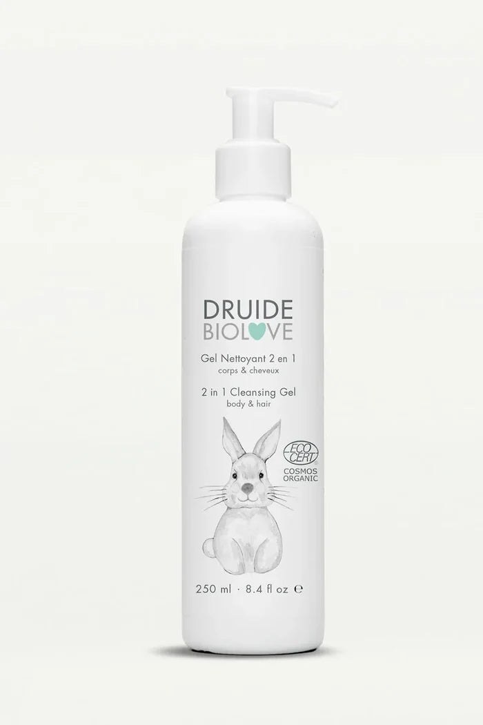 Druide Biolove Organic Baby Body wash and Shampoo white dispenser with bunny rabbit logo of the baby collection indicating 250 ml size, shown on clear background.