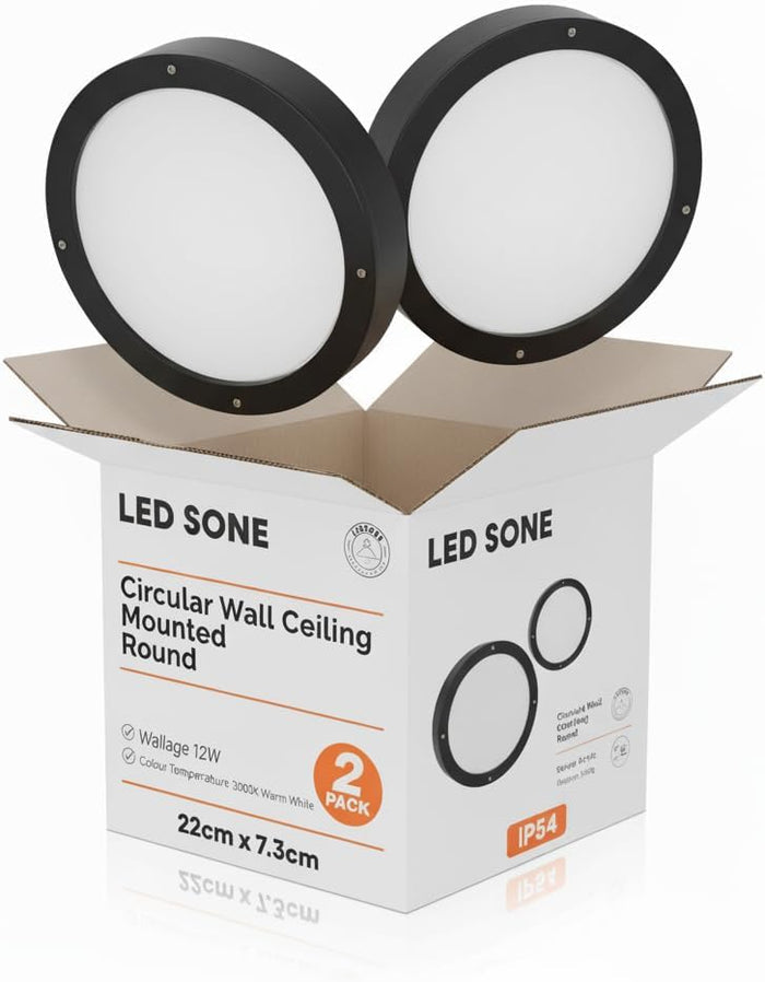 2 pack IP54 12W Outdoor Round LED Bulkhead 3000K Warm White Light ~3973