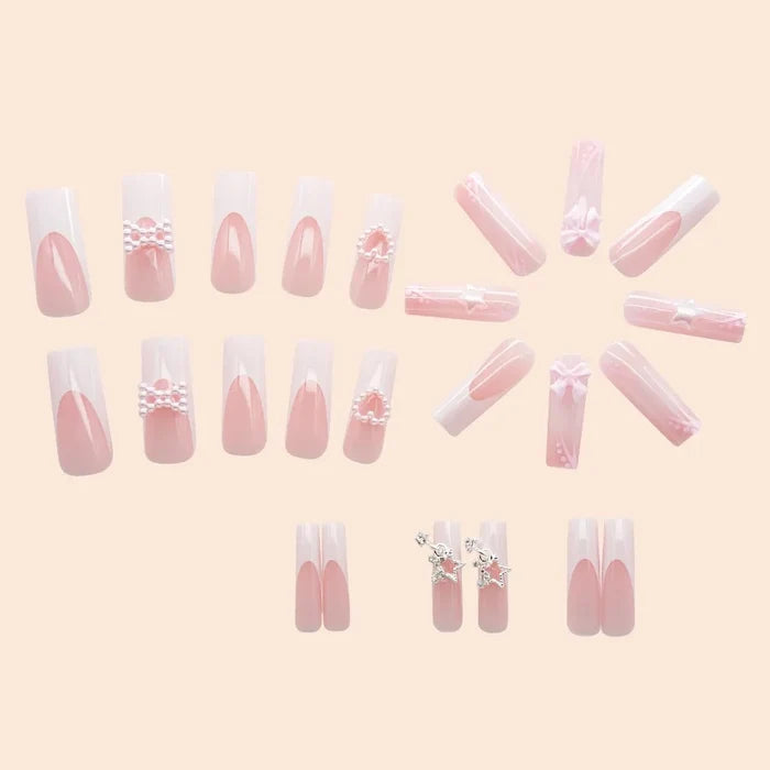 24 pieces of super long water pipe French bow sweet pearl love fake nails burst hollow stars nail patch