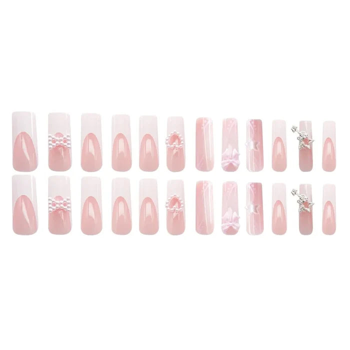 24 pieces of super long water pipe French bow sweet pearl love fake nails burst hollow stars nail patch