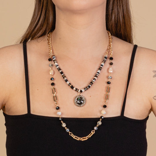 72938 - Layered Rhinestone Necklace - Black