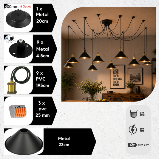 9-Light Spider Pendant Chandelier | E27 Industrial Lighting ~6668