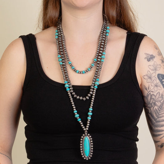92224 - Layered Squash Blossom Necklace - Turquoise & Silver