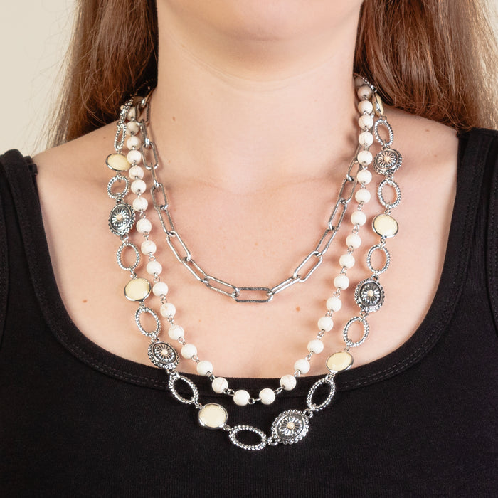 92226 - Layered Squash Blossom Necklace - Ivory & Silver