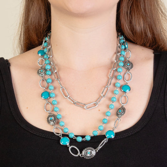 92226 - Layered Squash Blossom Necklace - Turquoise & Silver