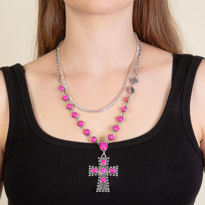 92228 - Layered Squash Blossom Necklace - Fuchsia