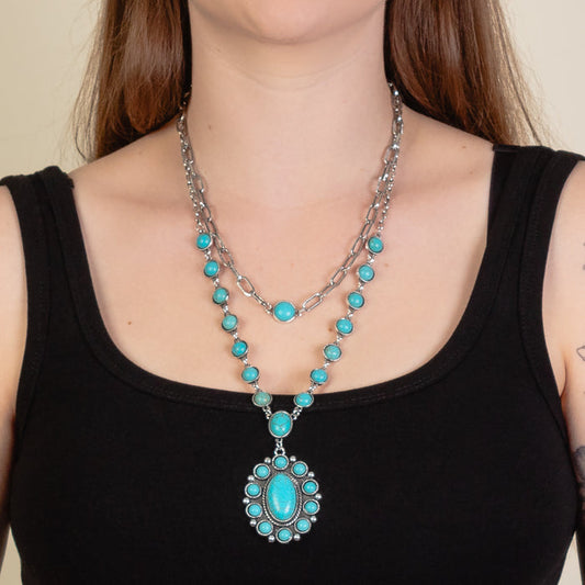 92229 - Layered Squash Blossom Necklace - Turquoise & Silver