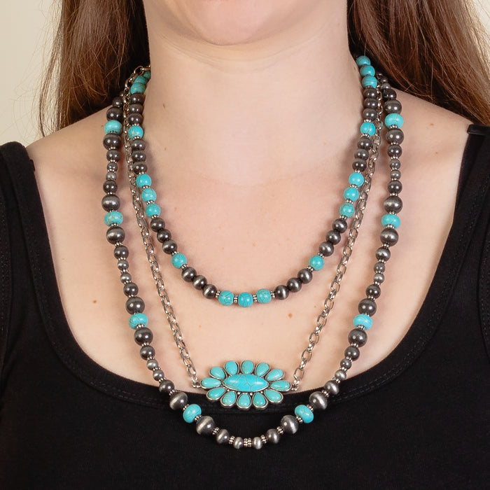 92240 - Layered Squash Blossom Necklace - Turquoise & Silver
