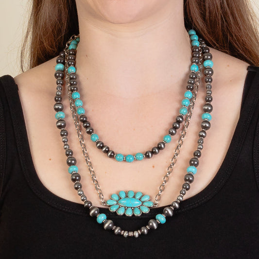 92240 - Layered Squash Blossom Necklace - Turquoise & Silver