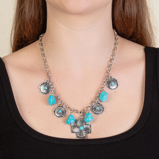 92250 - Squash Blossom Charm Necklace - Turquoise & Silver