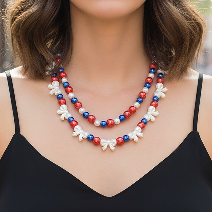 92433 - Layered Beaded Necklace - Red White & Blue