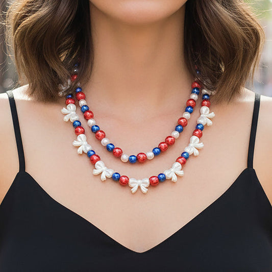 92433 - Layered Beaded Necklace - Red White & Blue
