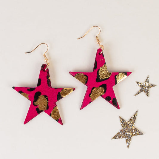 93189 - Animal Print Star Earrings - Fuchsia