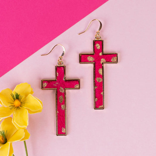 93201 - Animal Print Cross Earrings - Fuchsia