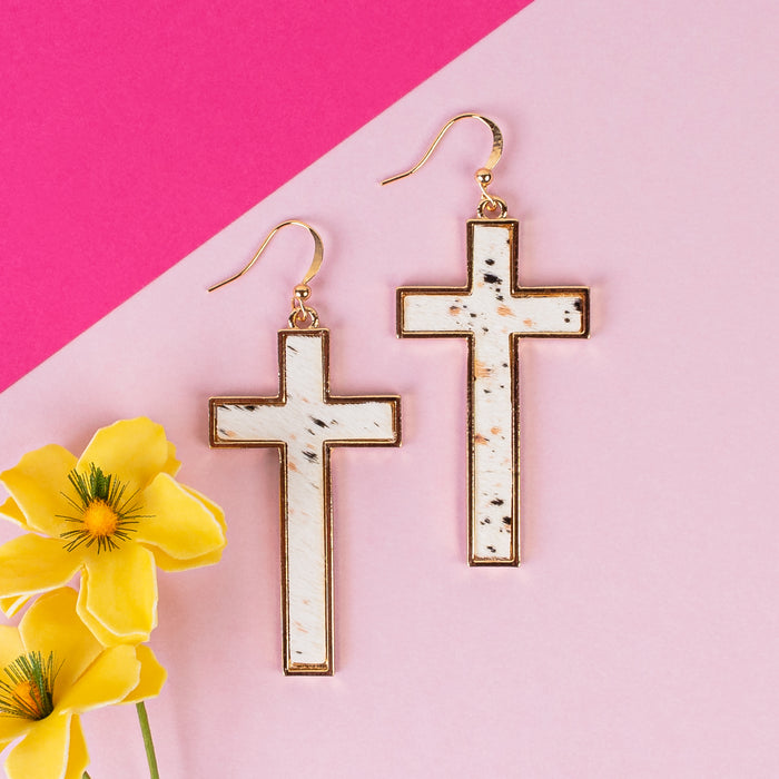 93201 - Animal Print Cross Earrings - White