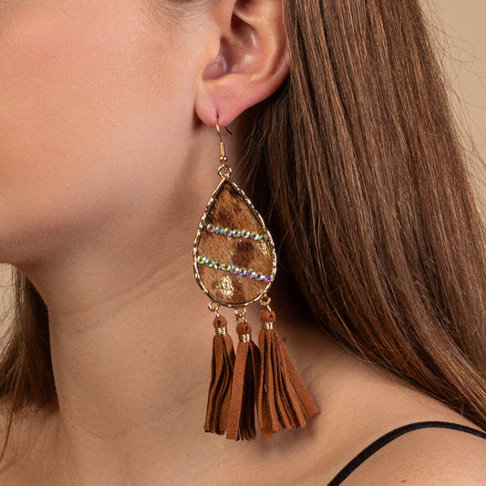 93209 - Animal Print Tassel Earrings - Dark Brown