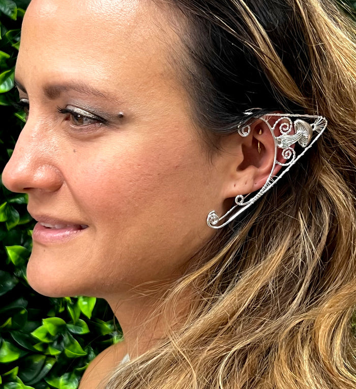 Model wearing Silver Mushroom Elf Ear Cuffs – Lightweight Non-Piercing Jewelry