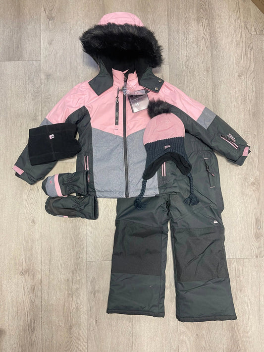 Blizz girls 5-piece snowsuit set in Cameo Pink with jacket, snow pants, toque, neck warmer, and mitts.