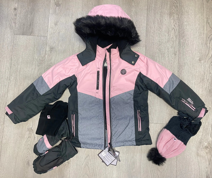 Front view of Blizz girls Cameo Pink winter jacket with snow pants, mitts, toque, and neck warmer.