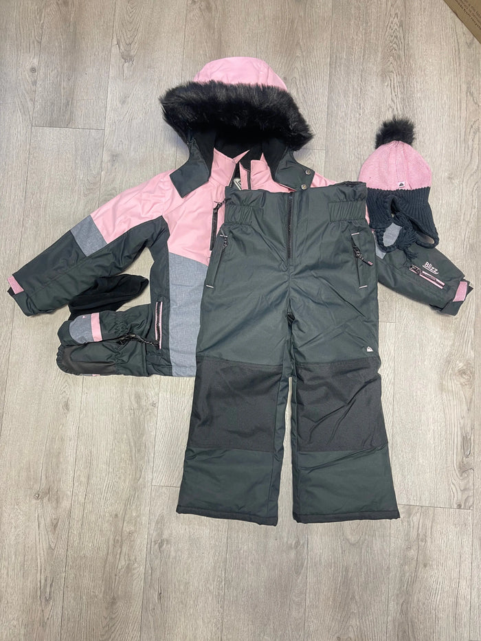 Front view of Blizz girls 5-piece snowsuit set showing jacket, snow pants, hood, and winter accessories.