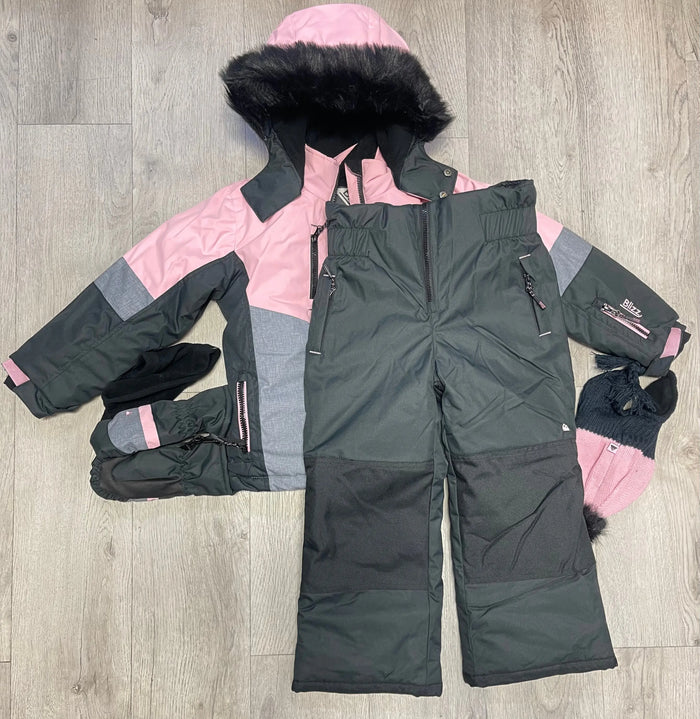Blizz girls Cameo Pink snowsuit with jacket and pants shown from the back for winter snow play.