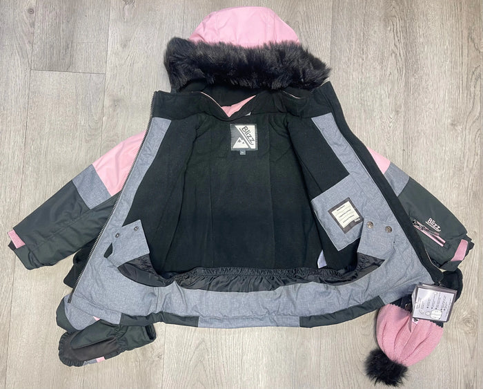 Open view of Blizz girls winter jacket showing inner lining, snow skirt, and cold-weather construction.