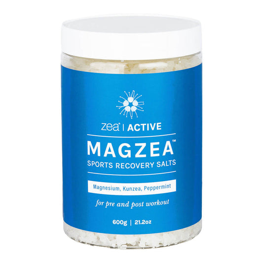 Front of tub of sports recovery bath salts with magnesium, kunzea and peppermint for pre and post workout.