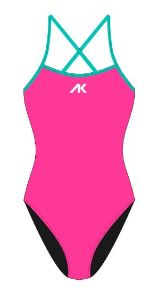 AK Women's AK Tieback swimsuit in Game Pink and Calm with adjustable tieback and sporty style, perfect for swimming and beachwear.