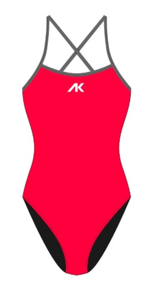 AK Women's AK Tieback swimsuit in Neon Cherry and Pomice with stylish tieback detail, perfect for beach or poolside wear.