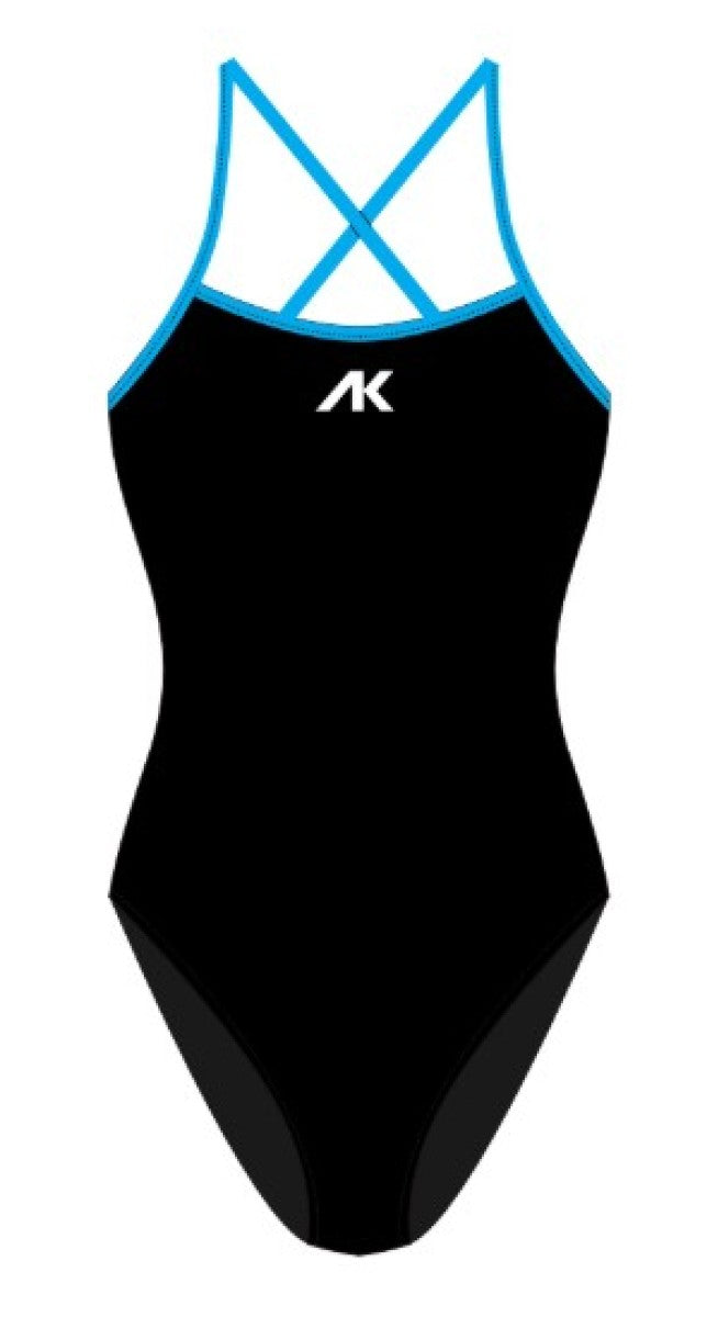 Black and blue AK Womens AK Tieback swimsuit with adjustable tieback design, featuring a stylish and comfortable swimwear fit.