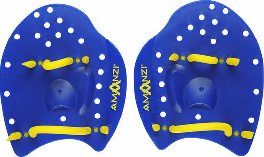 Amani cobalt hand paddle set in blue, designed for swimming training and water aerobics, with ergonomic handles and textured paddles.