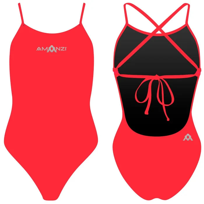 Amani Girls Atomic Red Tie-Back One-Piece Swimsuit with adjustable straps and a stylish design, perfect for young swimmers.