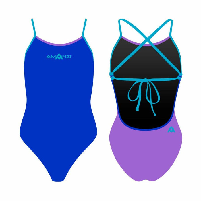 Amani Girls Baltix tie-back one-piece swimsuit in blue and purple with colorful pattern, suitable for swimming and beach wear.