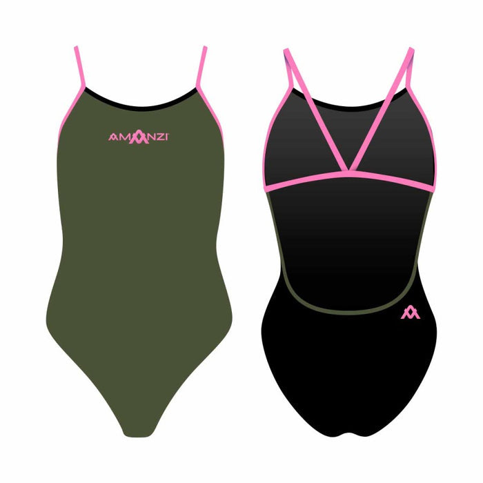Amani Girls Desert Blush Proback one-piece swimsuit in green and pink with adjustable straps and a stylish design.