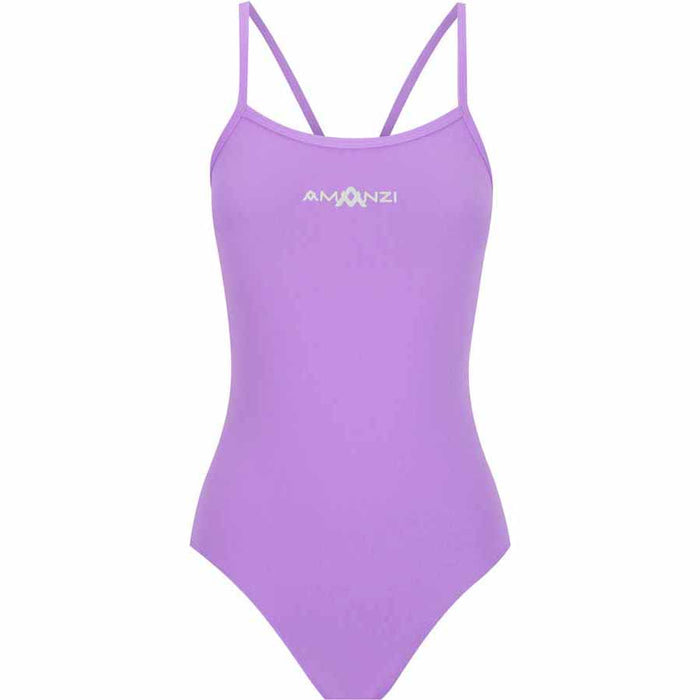 Purple Amanzi Girls Iris Proback One Piece swimsuit with a stylish back design, perfect for swimming and beachwear.