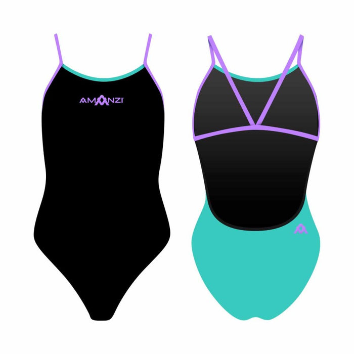 Amani Girls Mystic Mint Proback one-piece swimsuit in black and mint with a sleek design, suitable for young girls' swimwear.