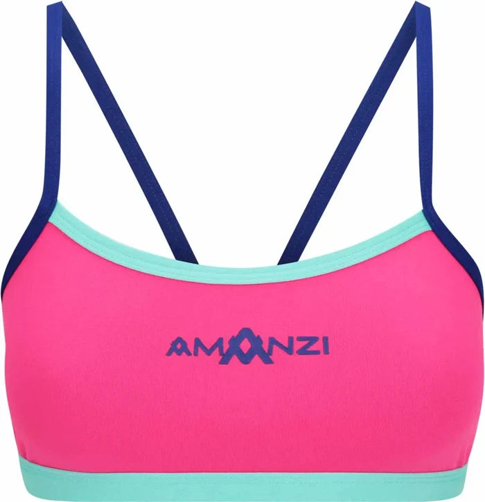 Amani girls' pink and blue rosette bikini top with ruffle details, perfect for summer swimwear and beach outings.
