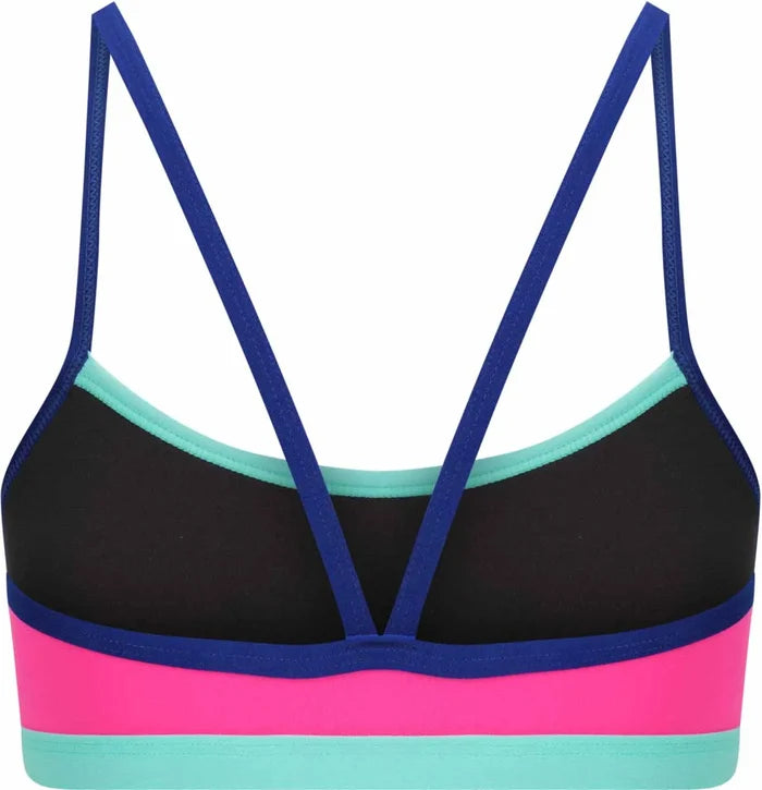 Amani girls' rosette bikini top in pink and blue with decorative rosettes, perfect for summer swimwear.