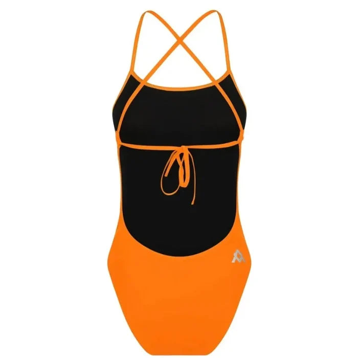 Amani Girls Sherbet Tie Back Swimsuit, bright orange and pink colors with a tie-back design, perfect for summer swimming.